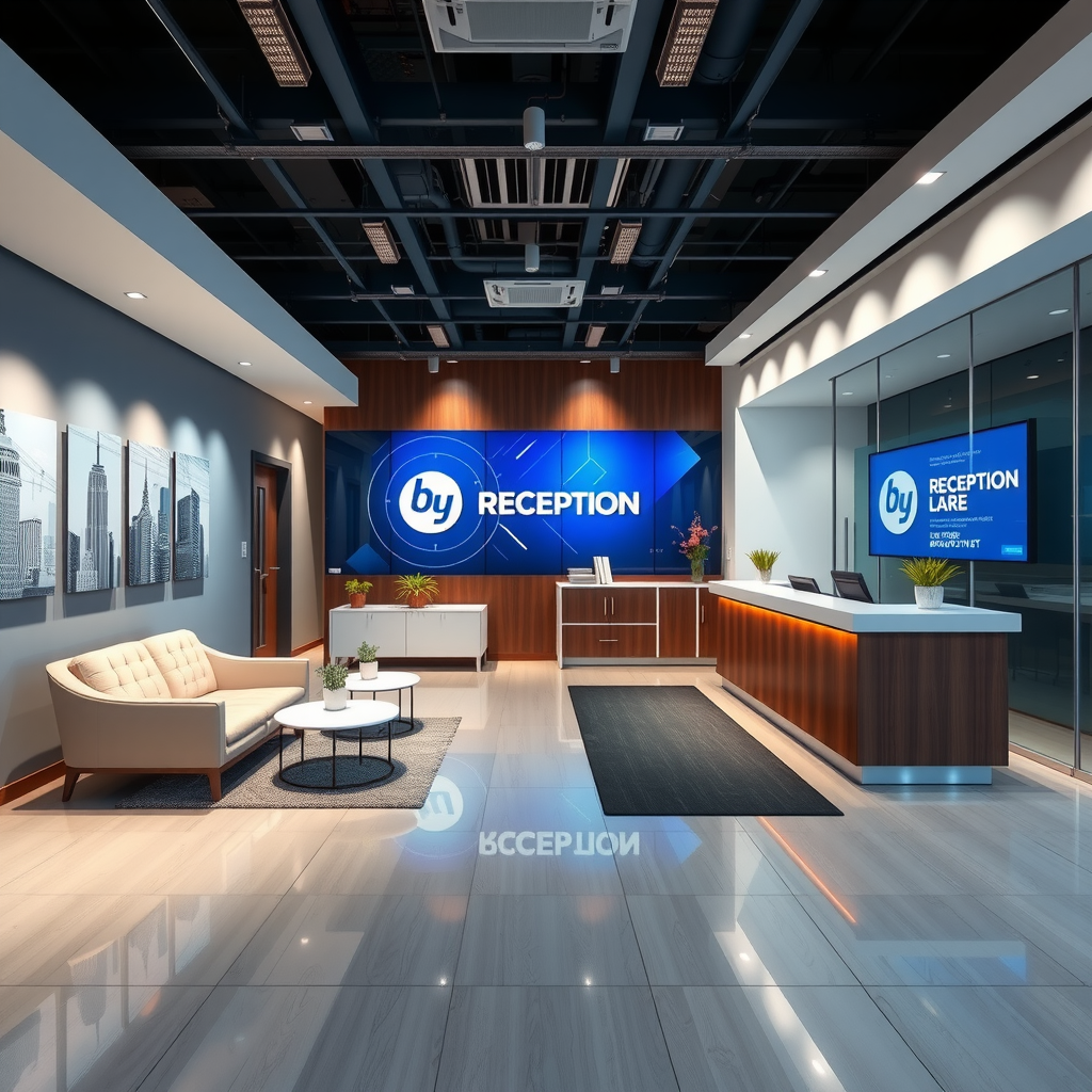Modern office reception area featuring company branding elements, comfortable waiting seating, reception desk with professional lighting, corporate colors, and welcoming atmosphere for visitors