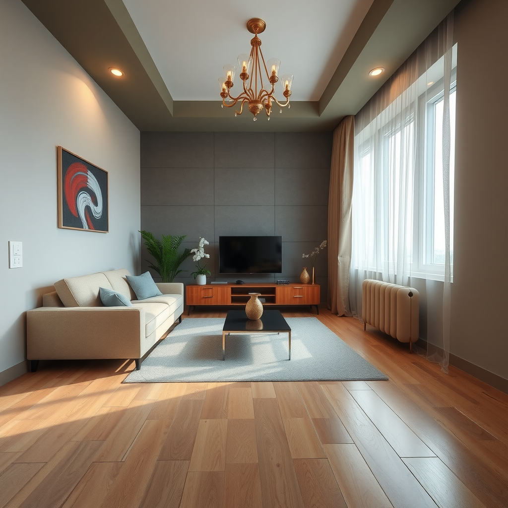 Living room transformation with new flooring, wall treatments, and updated electrical outlets in Baku apartment