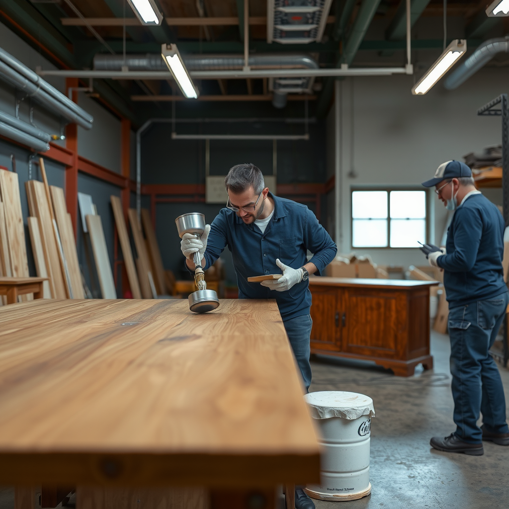 Furniture finishing process showing application of protective coatings, staining techniques, and quality control inspection ensuring smooth surfaces and durable finishes on custom pieces