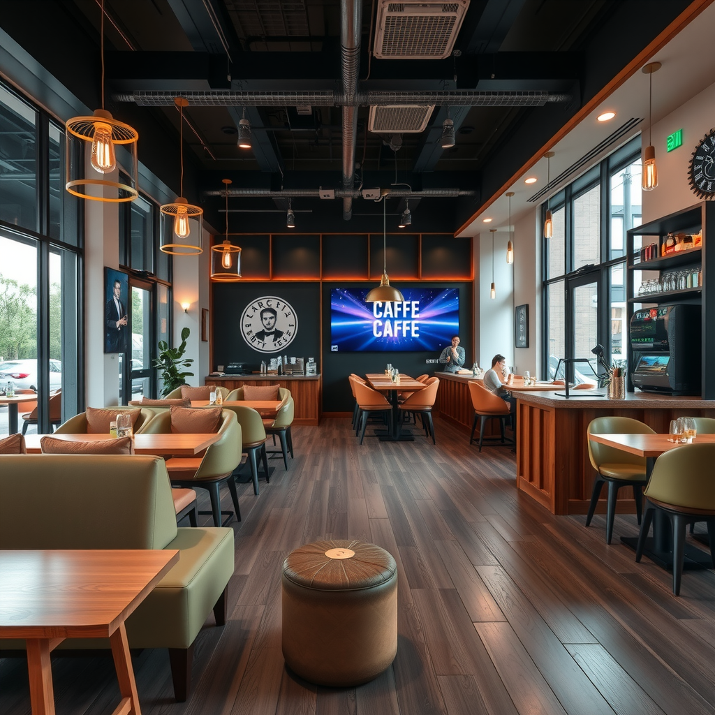Stylish cafe interior showcasing comfortable seating arrangements, modern pendant lighting, wooden accents, coffee bar area, cozy atmosphere, and contemporary design elements creating inviting space