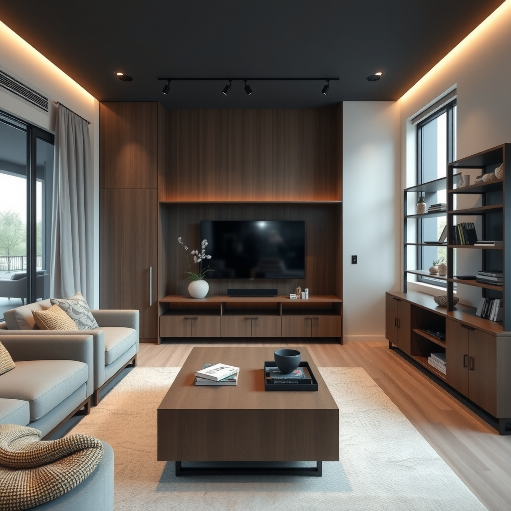 Beautiful modern living room interior featuring custom-designed furniture including built-in entertainment unit, bespoke coffee table, and integrated shelving system showcasing seamless design integration