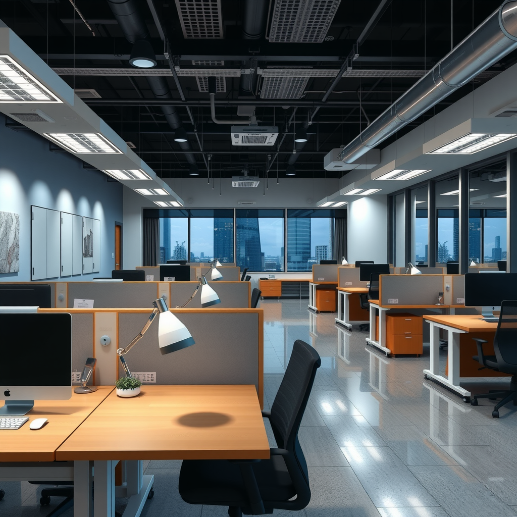 Professional office workspace featuring ergonomic workstations, adjustable desks, task lighting, organized storage solutions, collaborative areas, and efficient layout promoting productivity and comfort