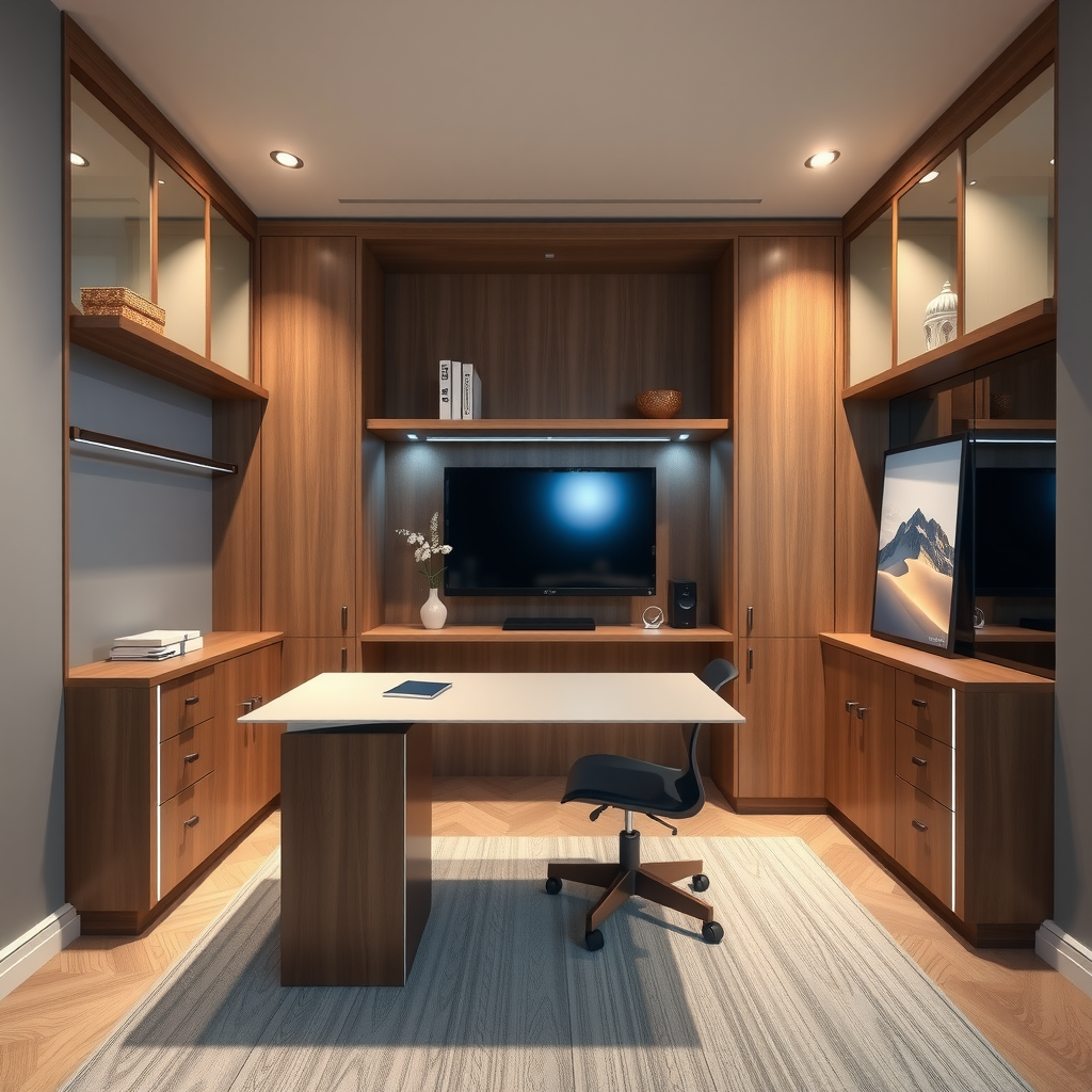 Elegant custom home office featuring built-in desk with cable management, floating shelves, integrated lighting, ergonomic workspace design, and coordinated storage solutions in modern style